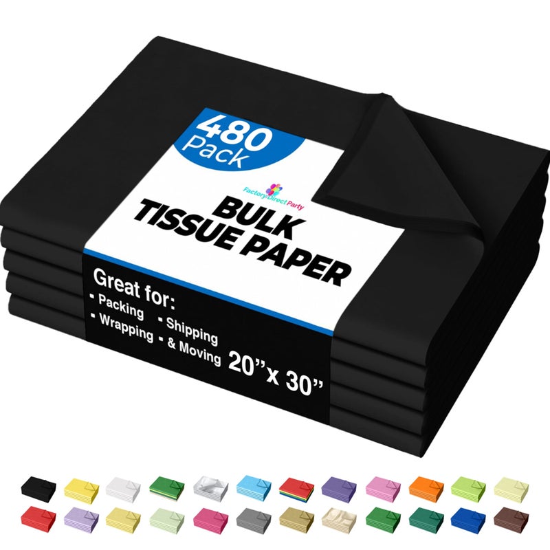 Party Solids ورق تغليف أسود صلب للحفلات - 20" × 30" ورق تغليف أسود بكميات كبيرة 480 ورقة - 10 رطل ورق أخبار للتعبئة، حشو صندوق هدايا عيد الميلاد، مستلزمات التعبئة للانتقال - Image 1